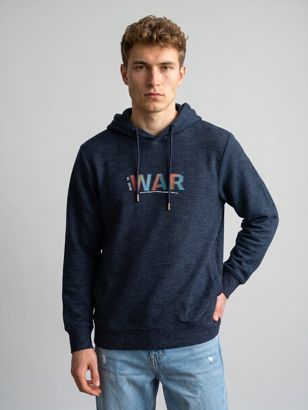 Men Navy Blue Self Design Hooded Full Sleeve Sweatshirt