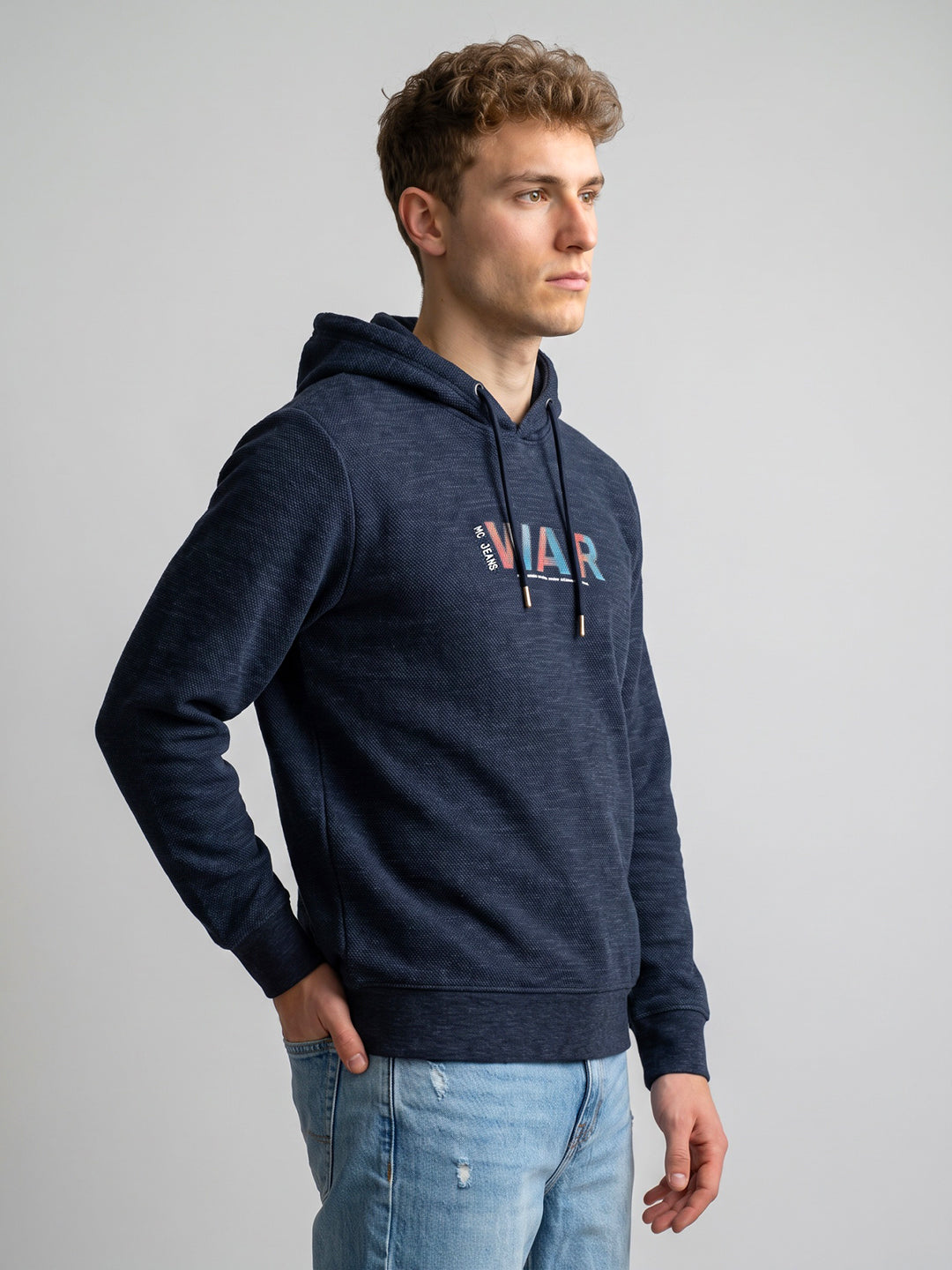 Men Navy Blue Self Design Hooded Full Sleeve Sweatshirt