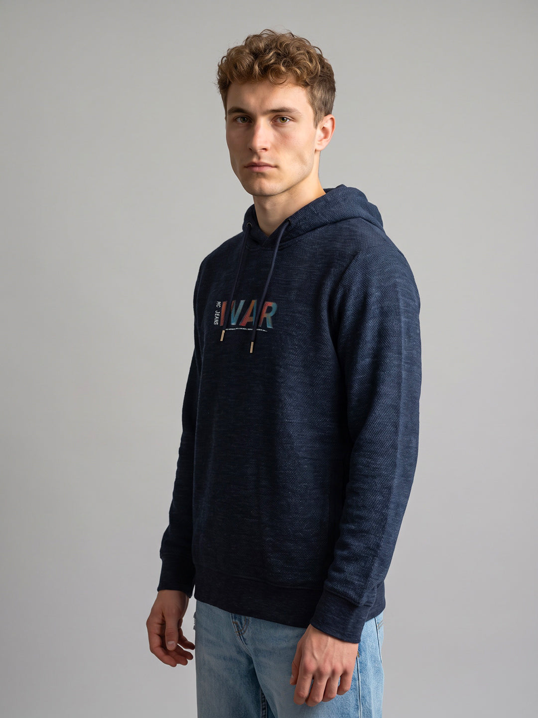 Men Navy Blue Self Design Hooded Full Sleeve Sweatshirt