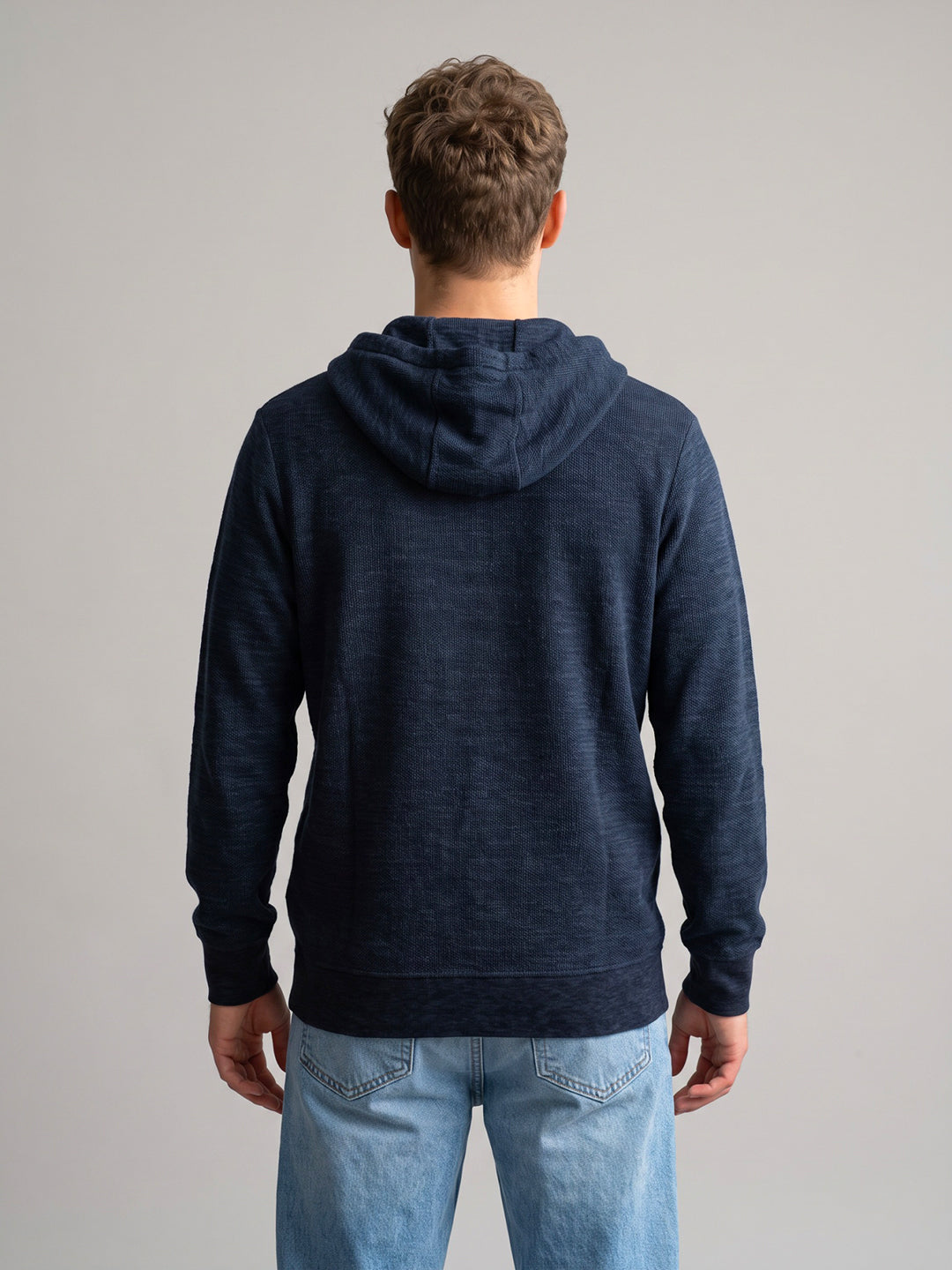 Men Navy Blue Self Design Hooded Full Sleeve Sweatshirt