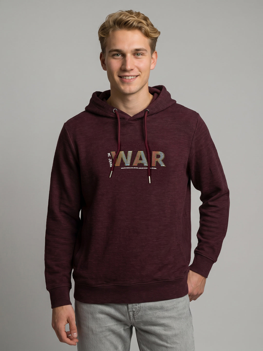 Men Maroon Self Design Hooded Full Sleeve Sweatshirt