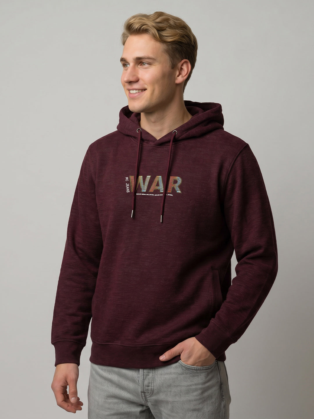 Men Maroon Self Design Hooded Full Sleeve Sweatshirt