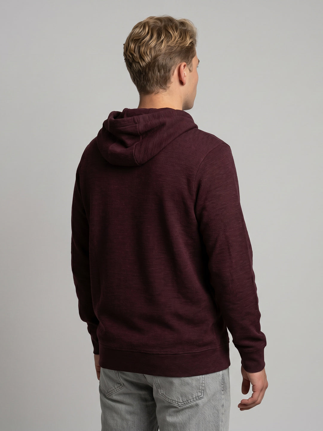 Men Maroon Self Design Hooded Full Sleeve Sweatshirt