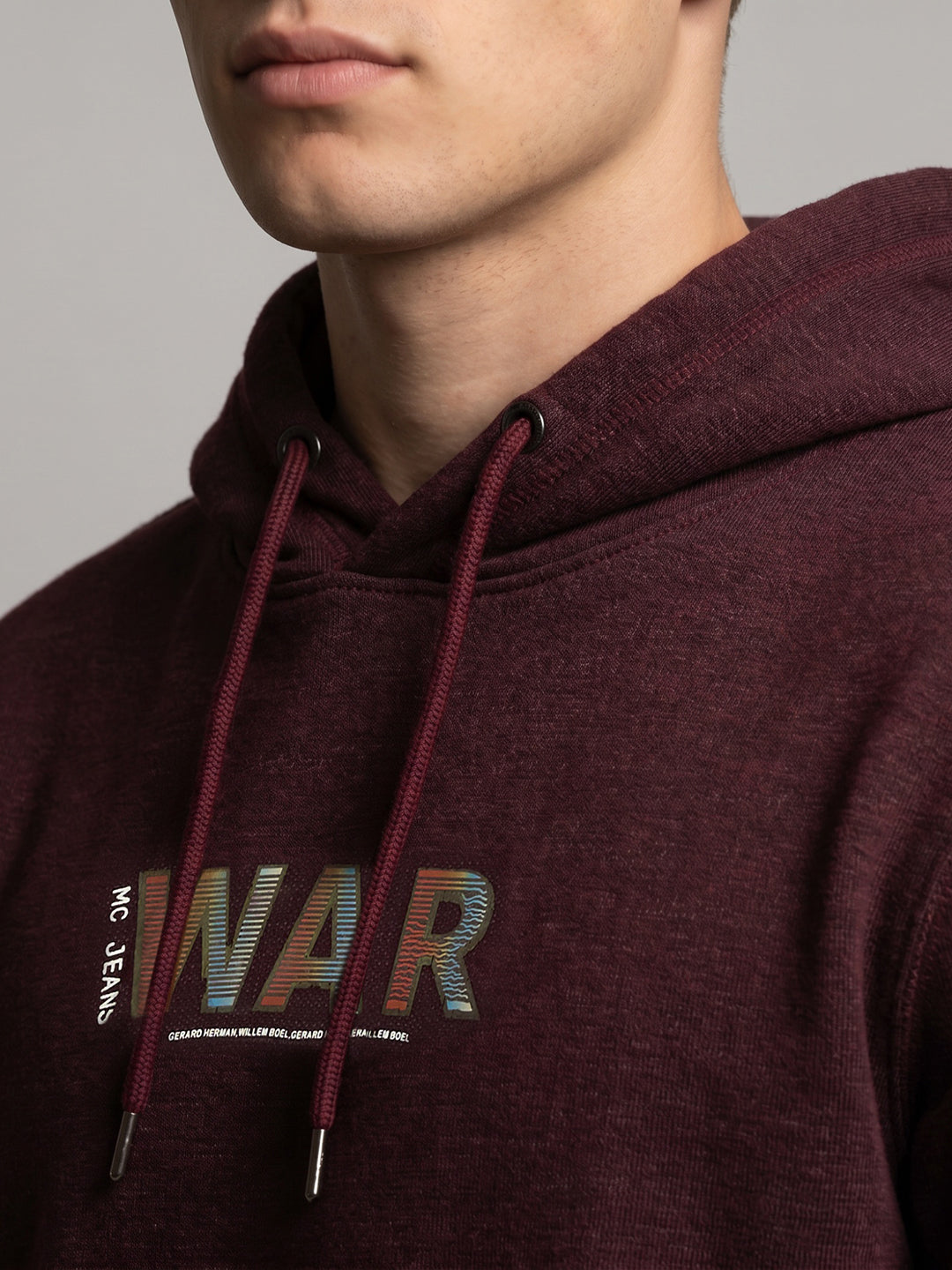 Men Maroon Self Design Hooded Full Sleeve Sweatshirt