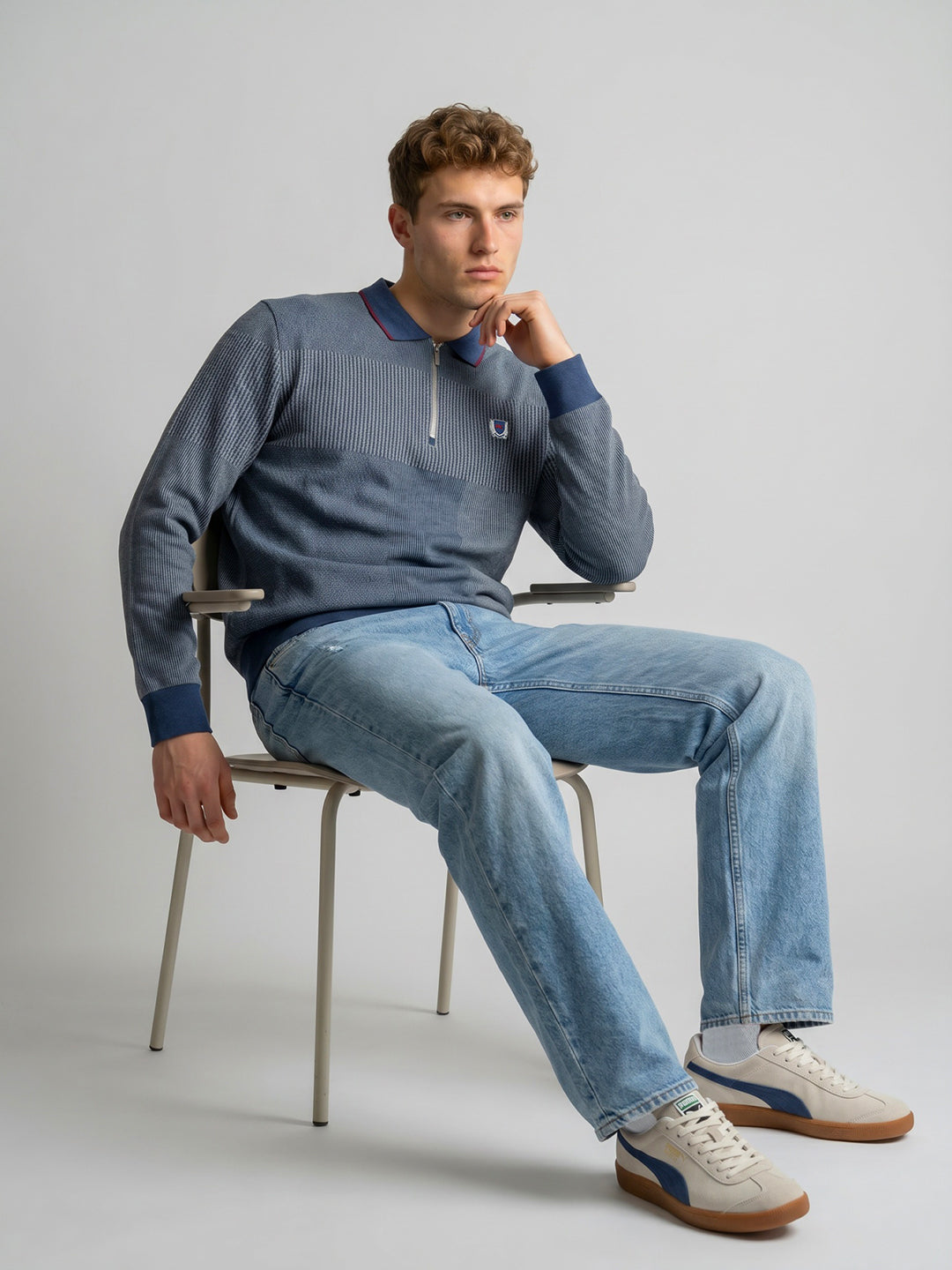 Men Blue Jacquard Collar Full Sleeve Sweatshirt