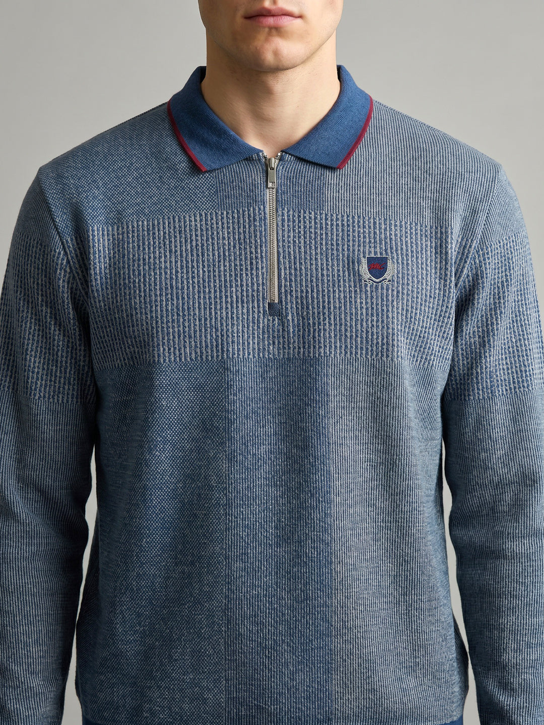 Men Blue Jacquard Collar Full Sleeve Sweatshirt