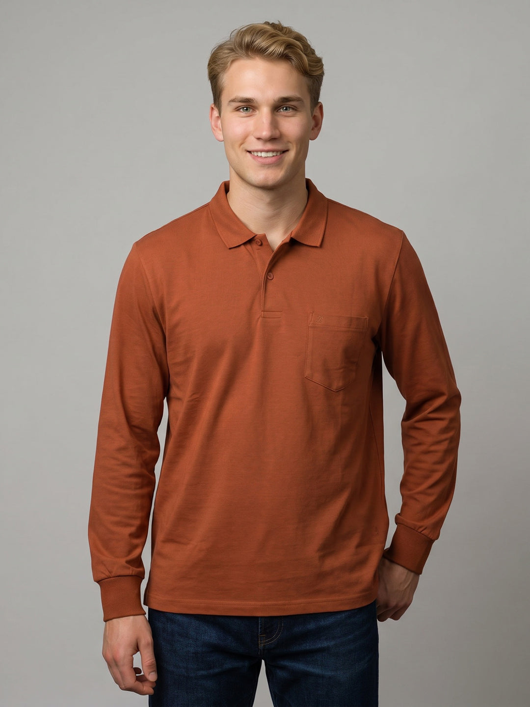 Men Rust Solid Polo Collar Full Sleeve T-Shirt