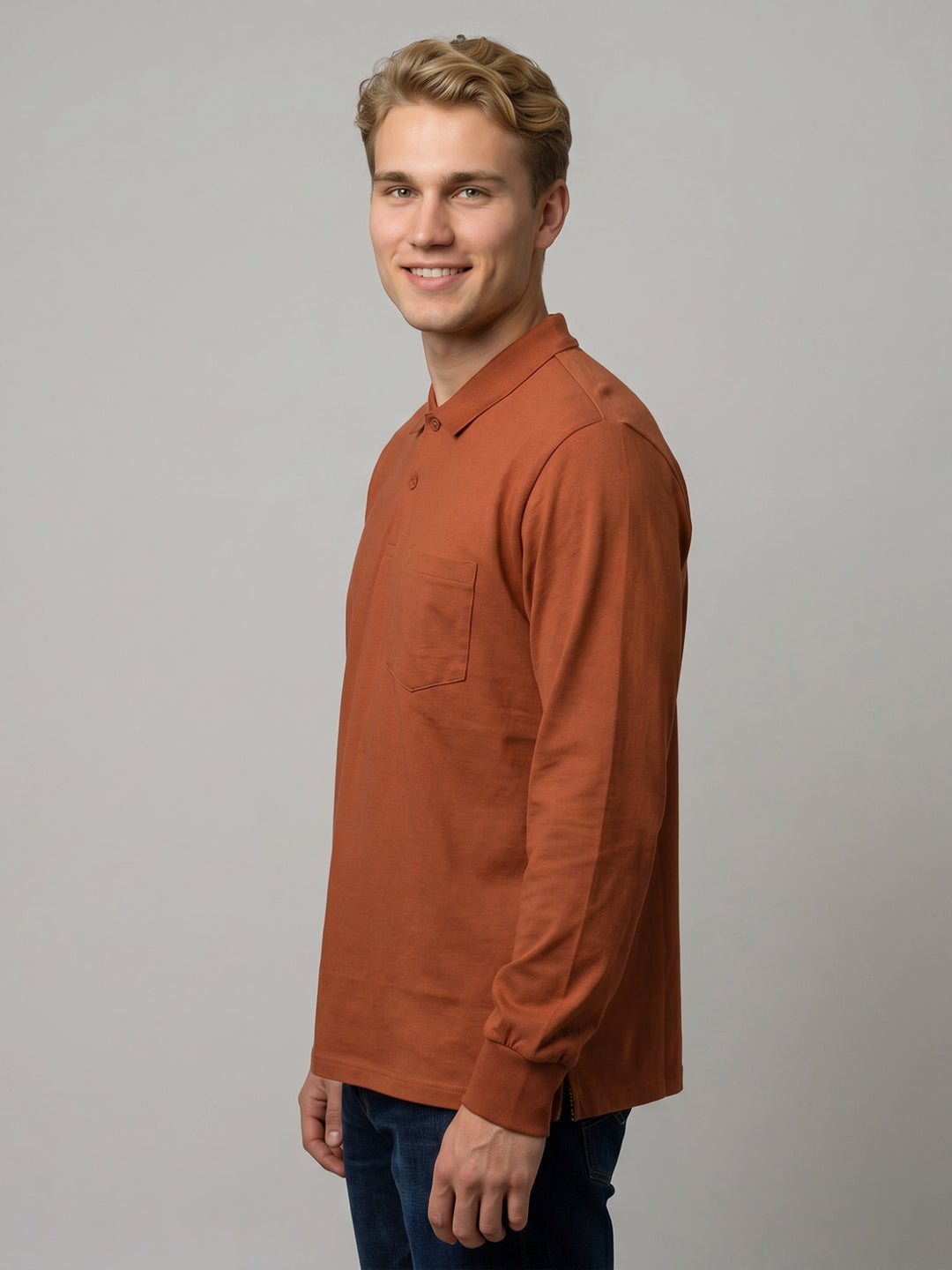 Men Rust Solid Polo Collar Full Sleeve T-Shirt
