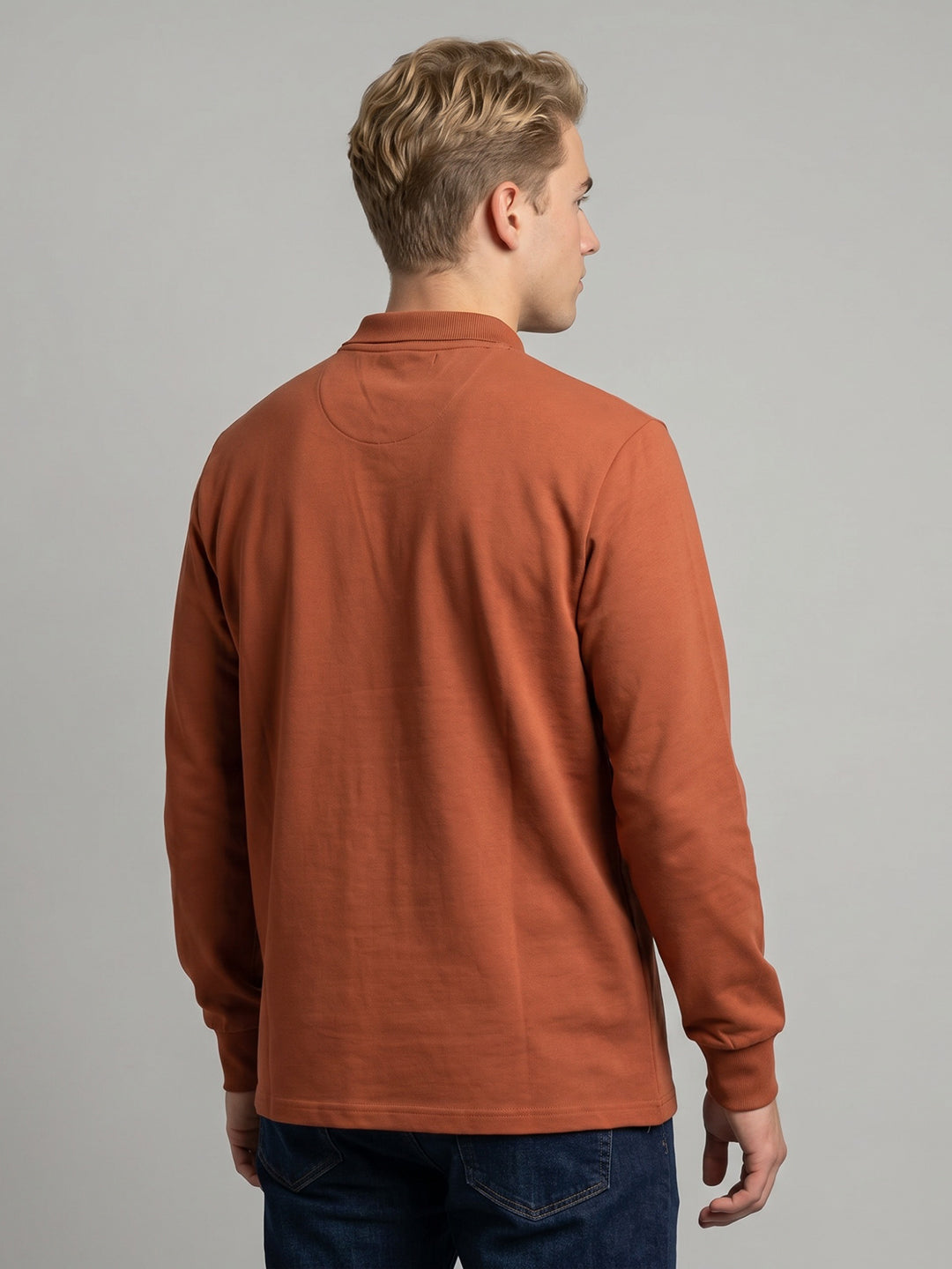 Men Rust Solid Polo Collar Full Sleeve T-Shirt