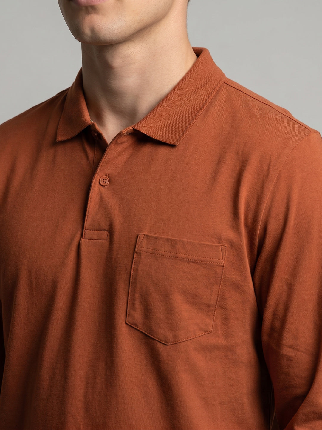 Men Rust Solid Polo Collar Full Sleeve T-Shirt