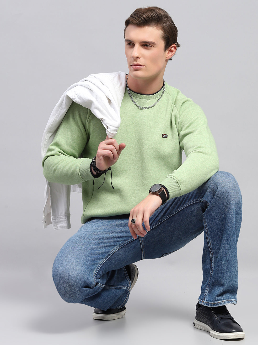 Men Green Solid Round Neck Full Sleeve Sweatshirt