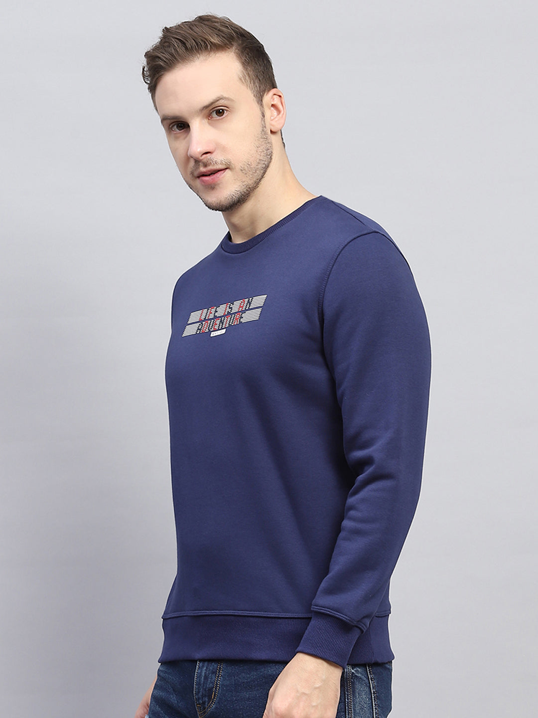 Men Blue Printed Round Neck Full Sleeve Sweatshirt