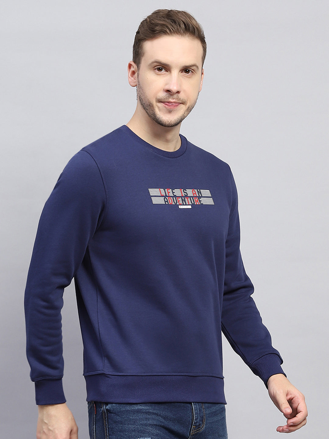 Men Blue Printed Round Neck Full Sleeve Sweatshirt