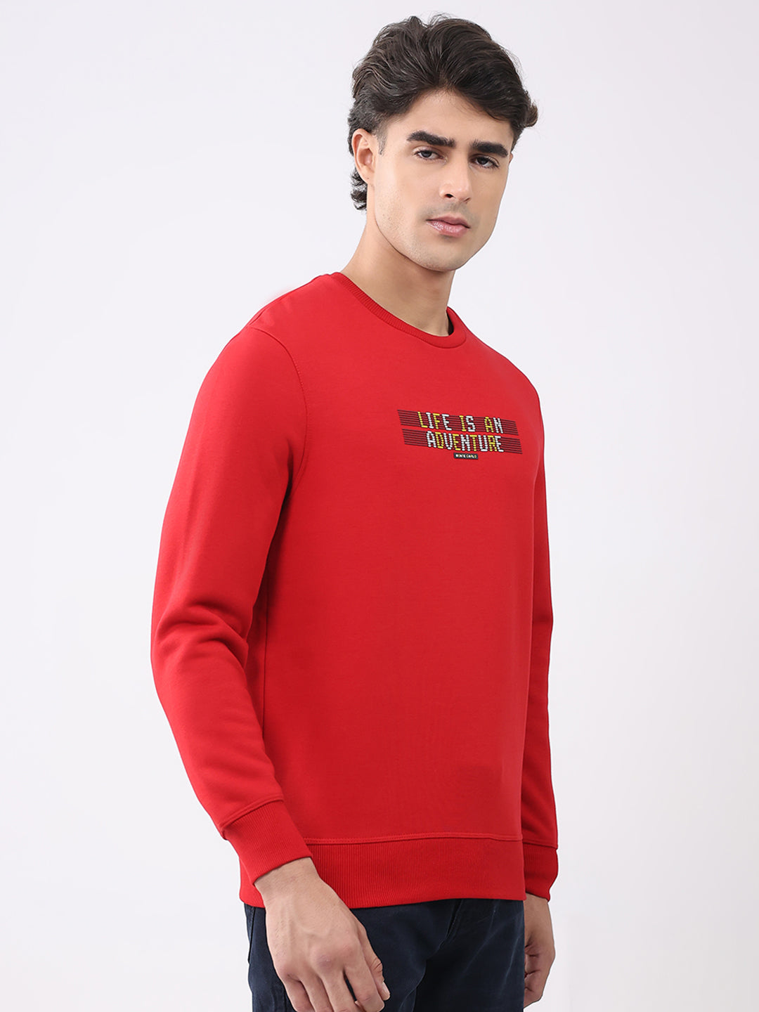 Men Red Solid Round Neck Full Sleeve Sweatshirt