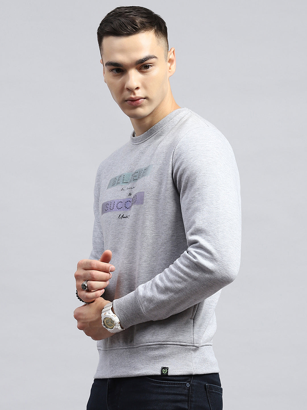 Men Grey Printed Round Neck Full Sleeve Sweatshirt