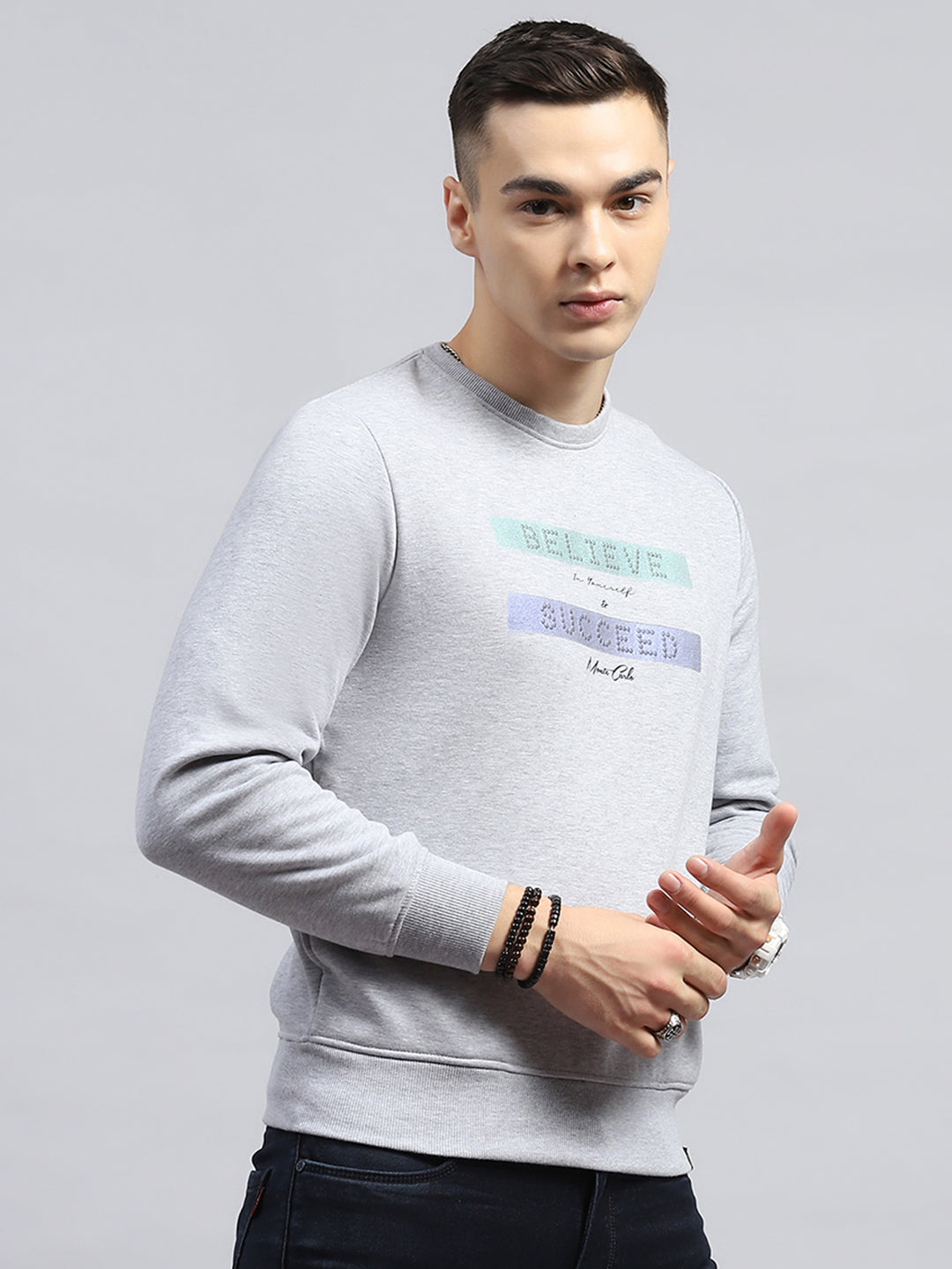 Men Grey Printed Round Neck Full Sleeve Sweatshirt