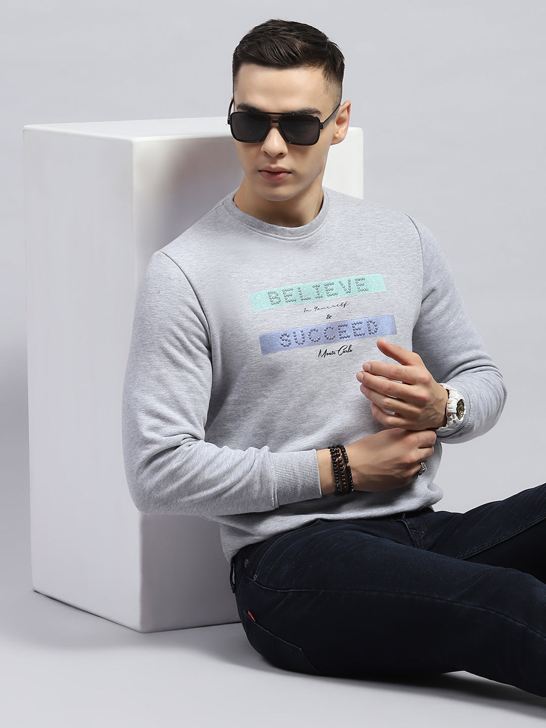 Men Grey Printed Round Neck Full Sleeve Sweatshirt