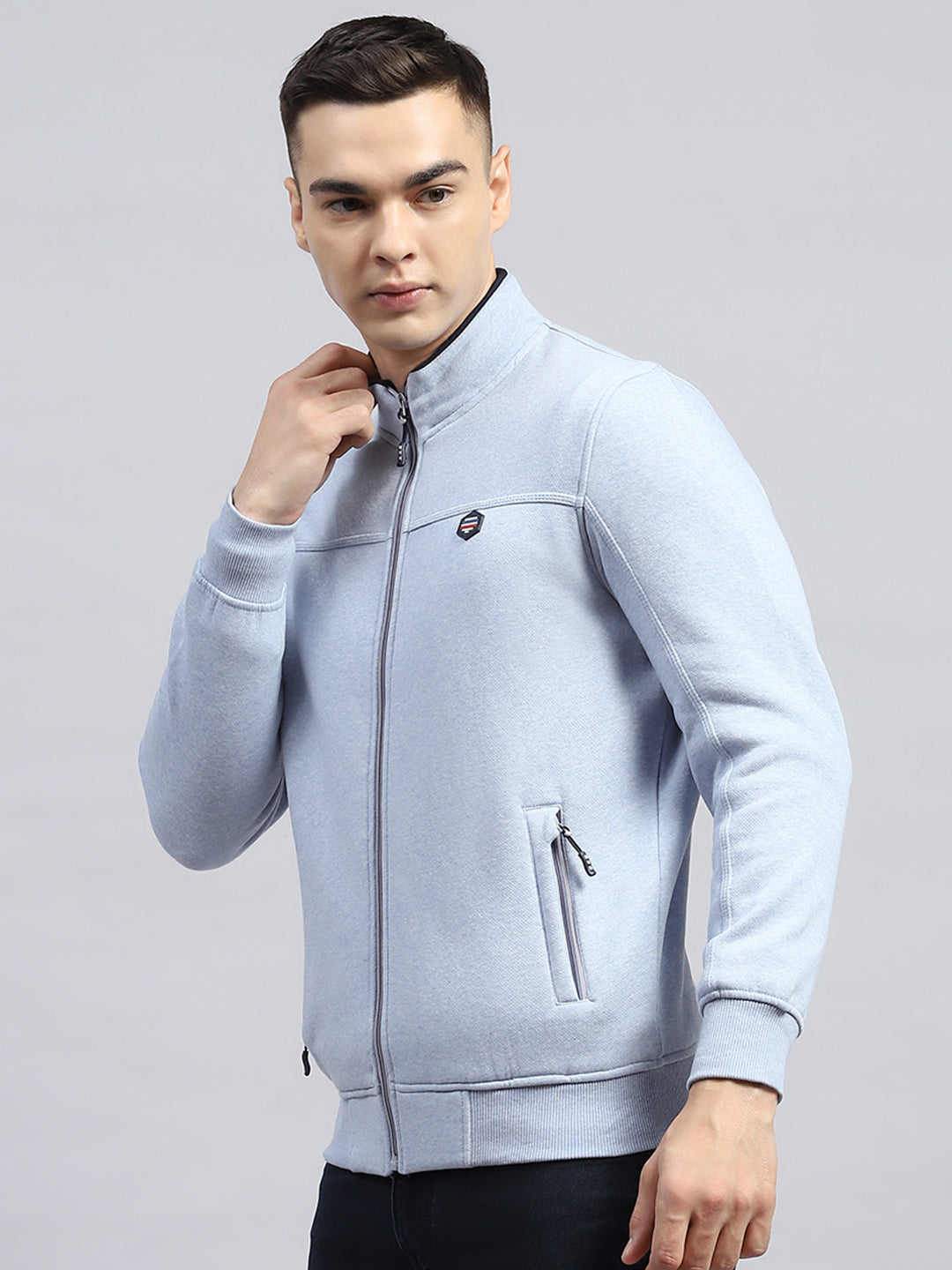 Men Sky Blue Solid Mock Neck Full Sleeve Sweatshirt