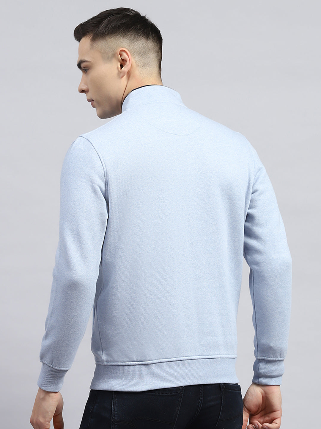 Men Sky Blue Solid Mock Neck Full Sleeve Sweatshirt