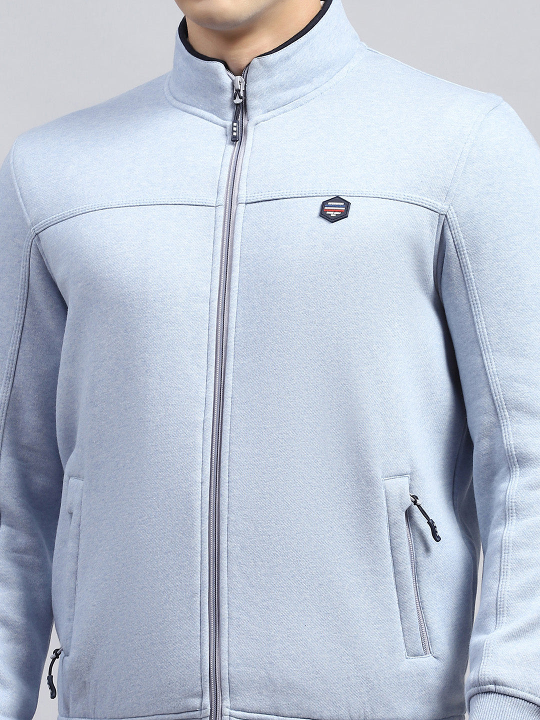 Men Sky Blue Solid Mock Neck Full Sleeve Sweatshirt