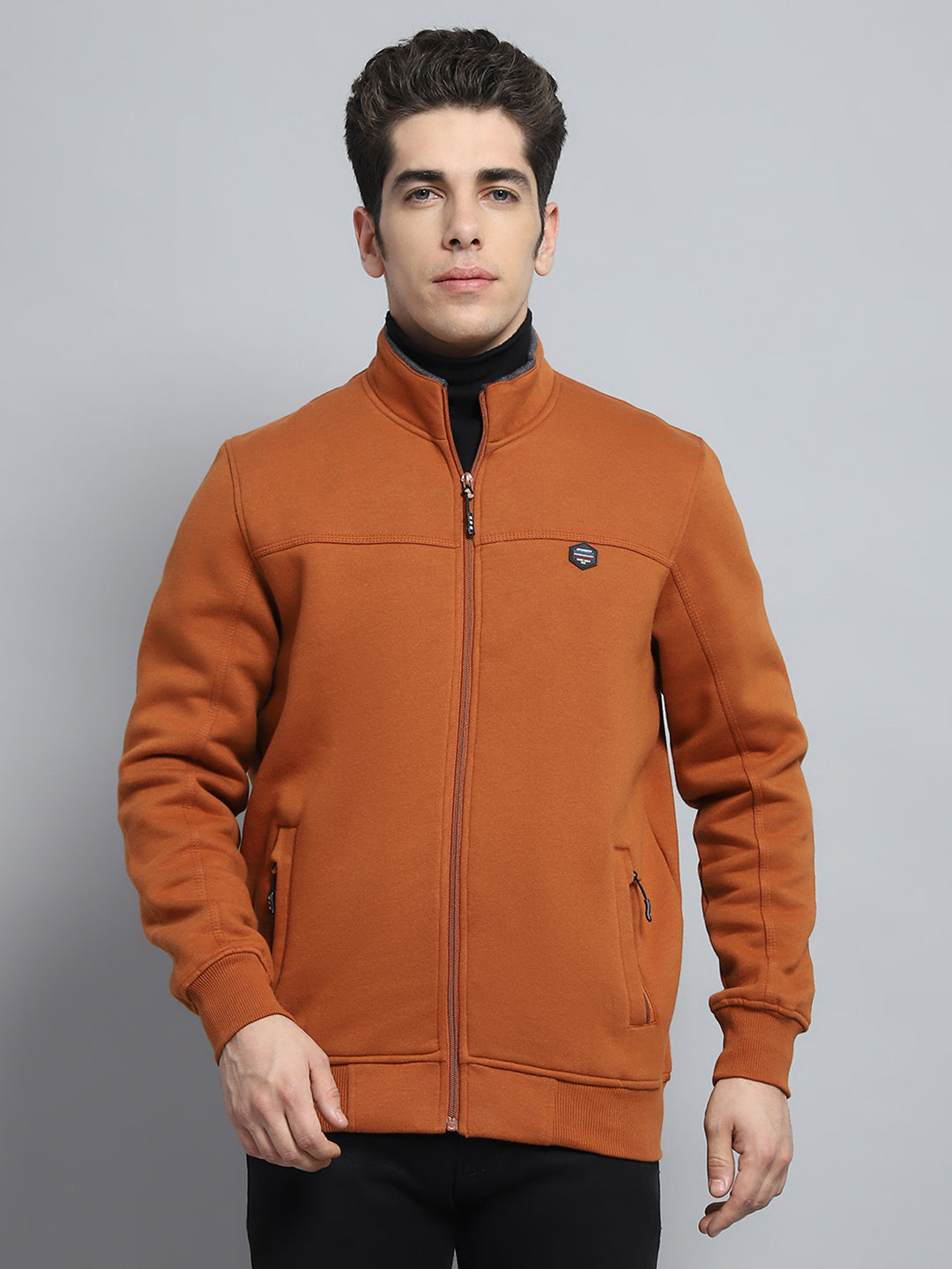 Men Rust Solid Mock Neck Full Sleeve Sweatshirt