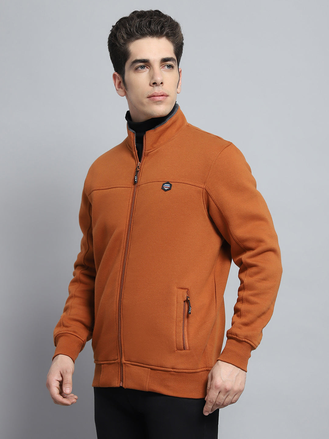 Men Rust Solid Mock Neck Full Sleeve Sweatshirt