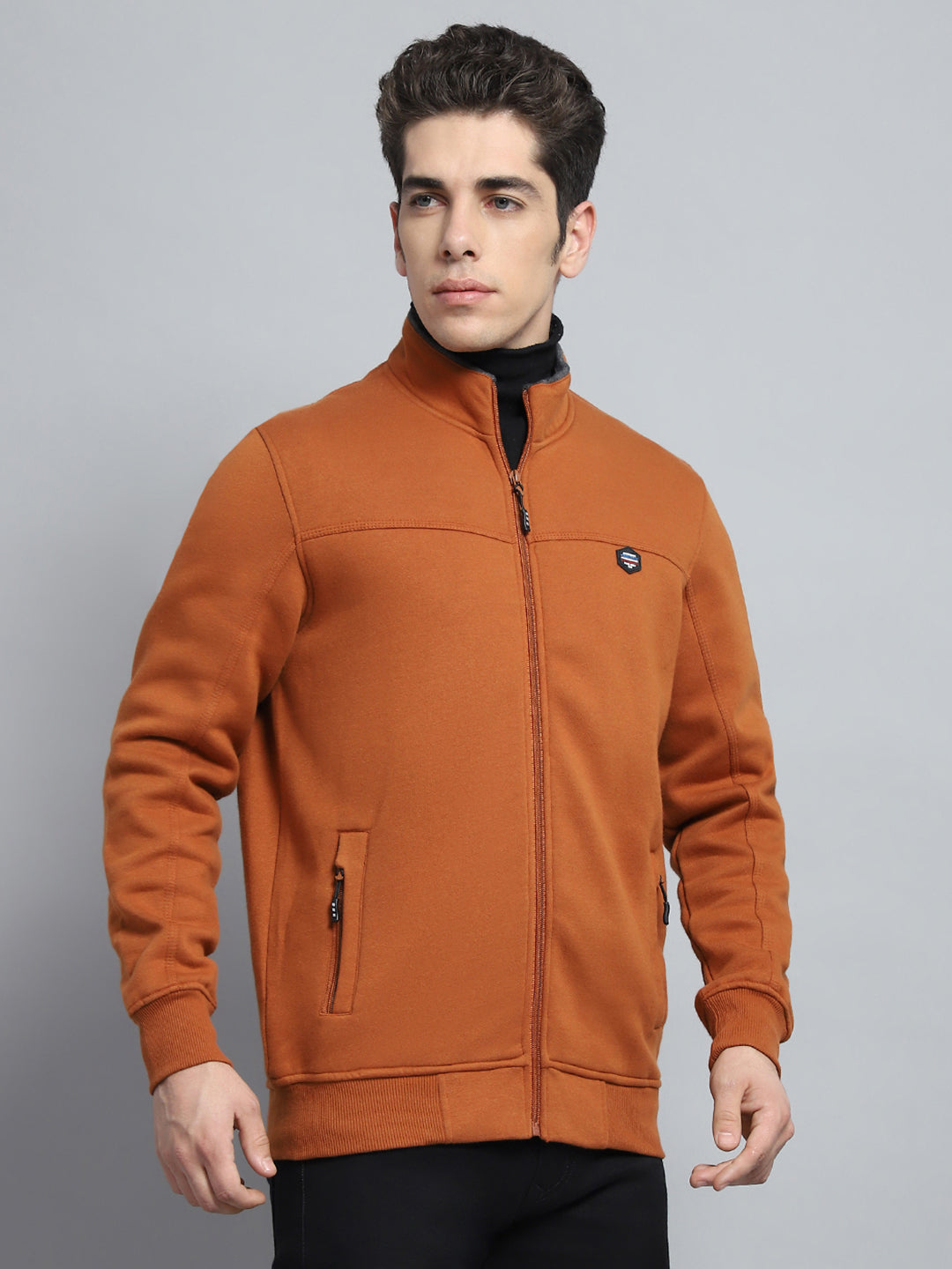 Men Rust Solid Mock Neck Full Sleeve Sweatshirt