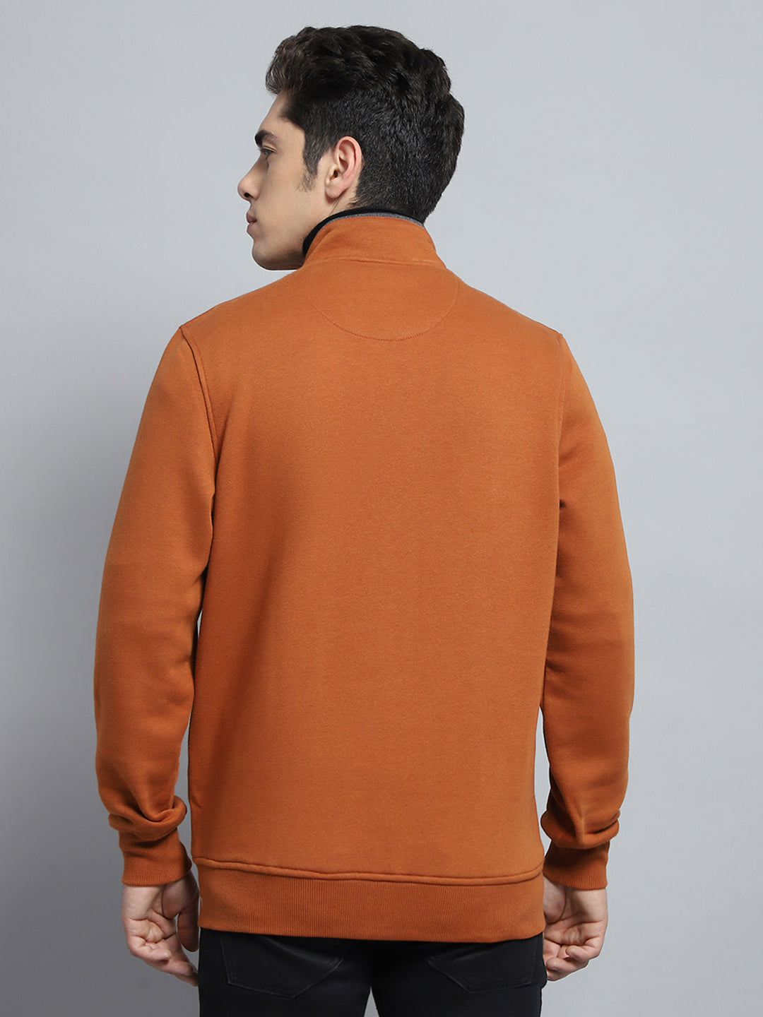 Men Rust Solid Mock Neck Full Sleeve Sweatshirt