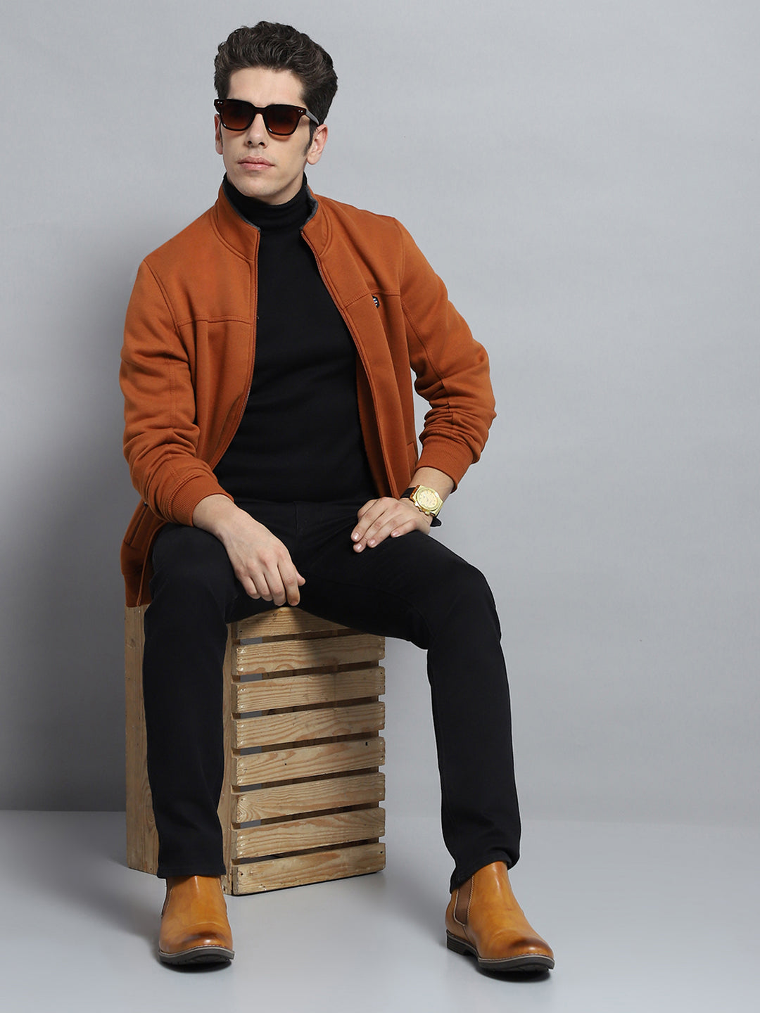 Men Rust Solid Mock Neck Full Sleeve Sweatshirt