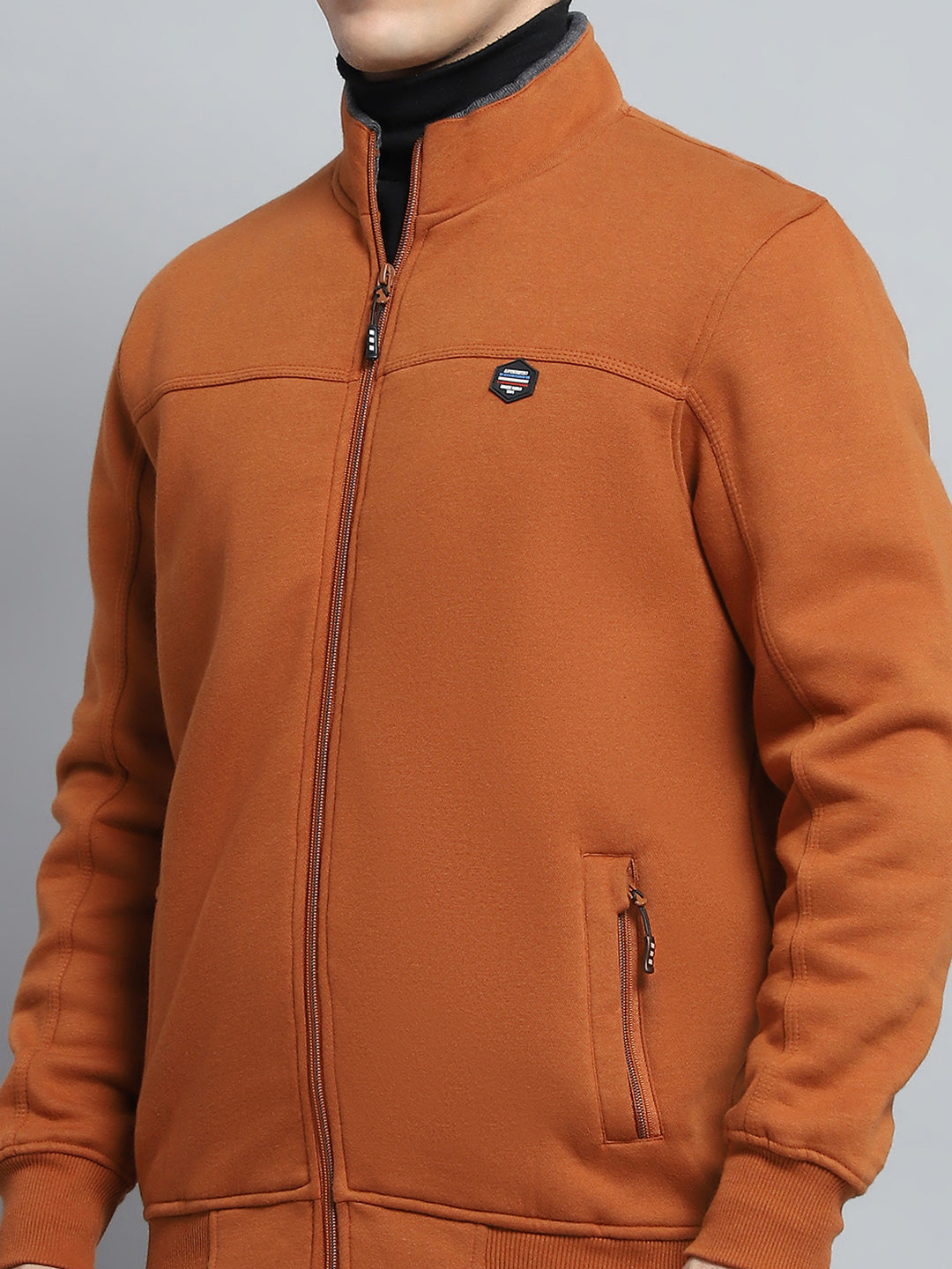 Men Rust Solid Mock Neck Full Sleeve Sweatshirt