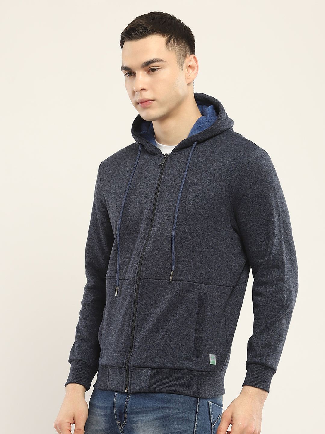 Men Navy Blue Solid Hooded Full Sleeve Sweatshirt