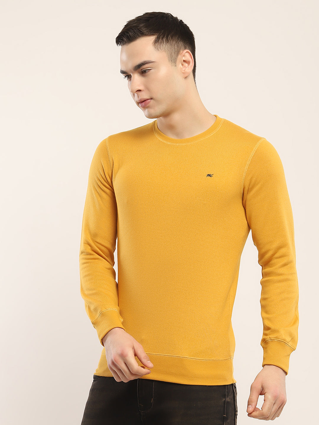 Men Yellow Solid Round Neck Full Sleeve Winter T-Shirt