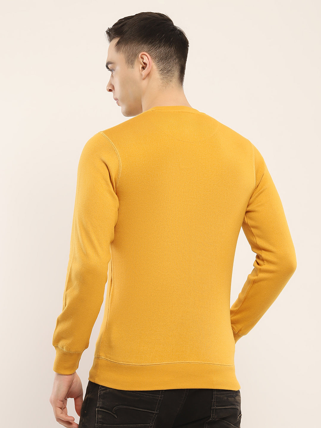 Men Yellow Solid Round Neck Full Sleeve Winter T-Shirt