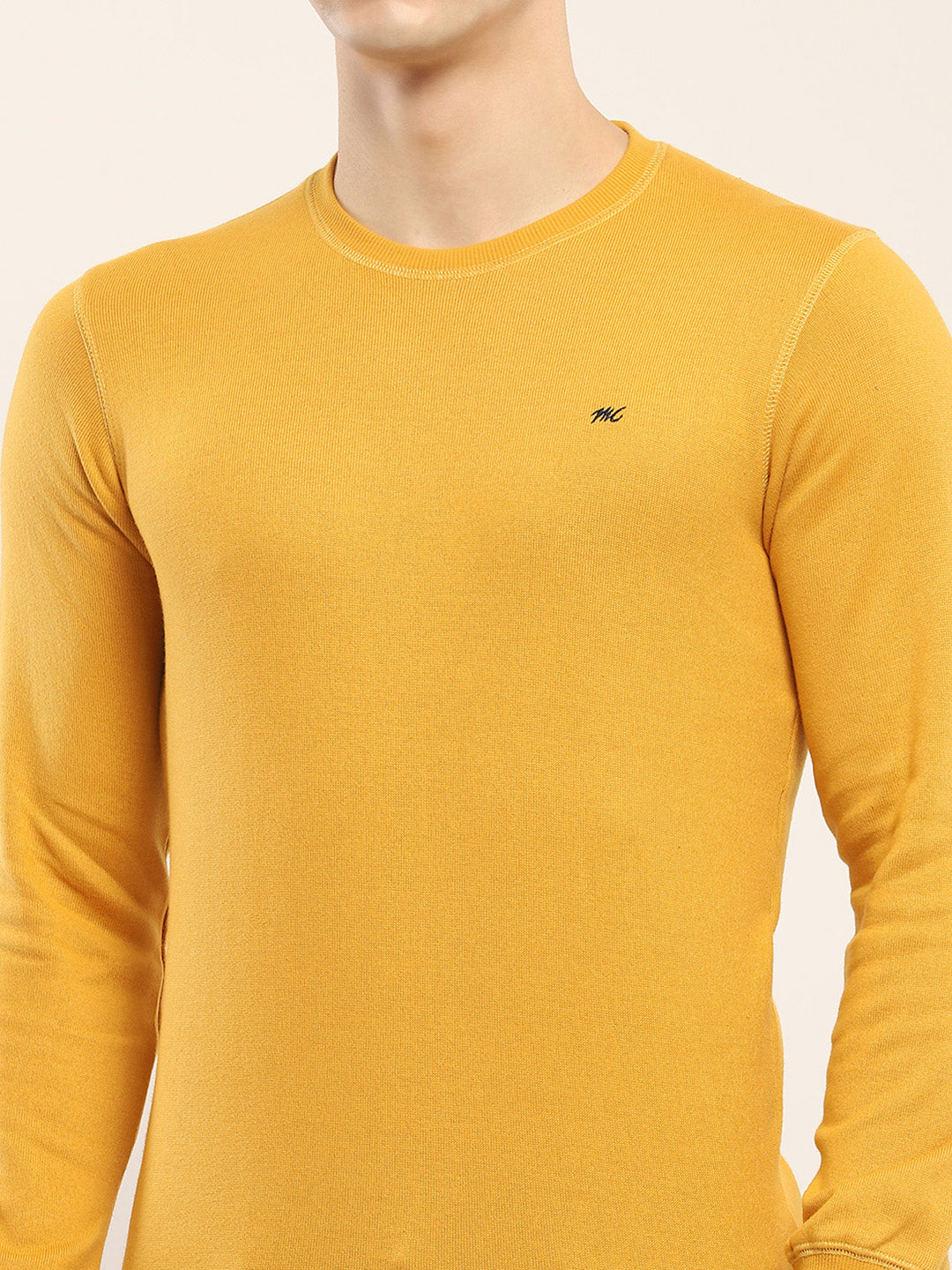 Men Yellow Solid Round Neck Full Sleeve Winter T-Shirt