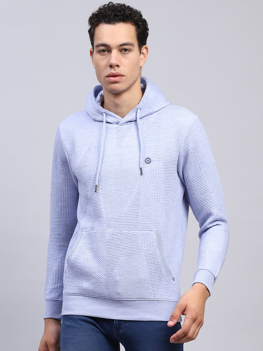 Men Blue Self Design Hooded Full Sleeve Sweatshirt - Main Image