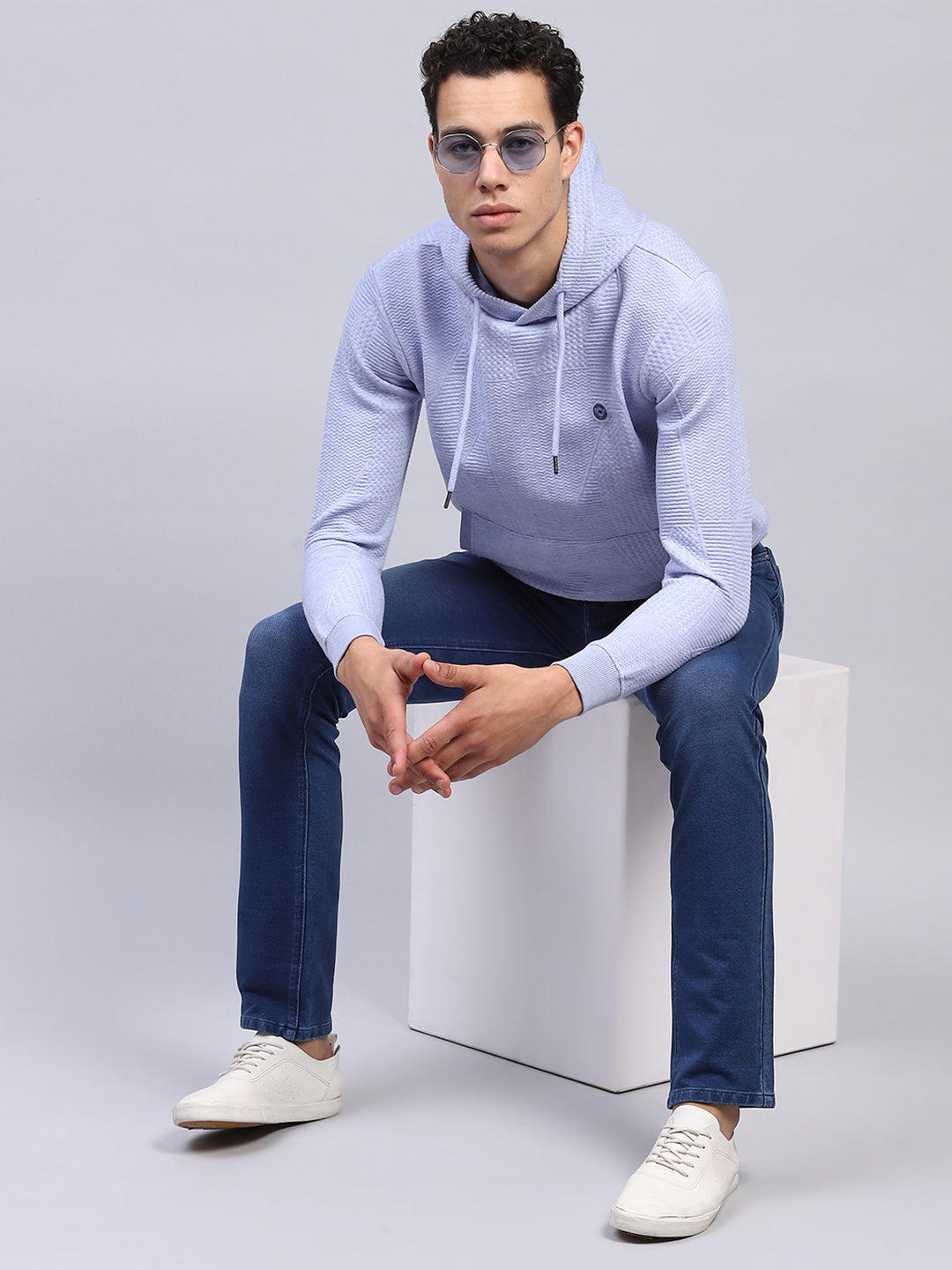 Men Blue Self Design Hooded Full Sleeve Sweatshirt