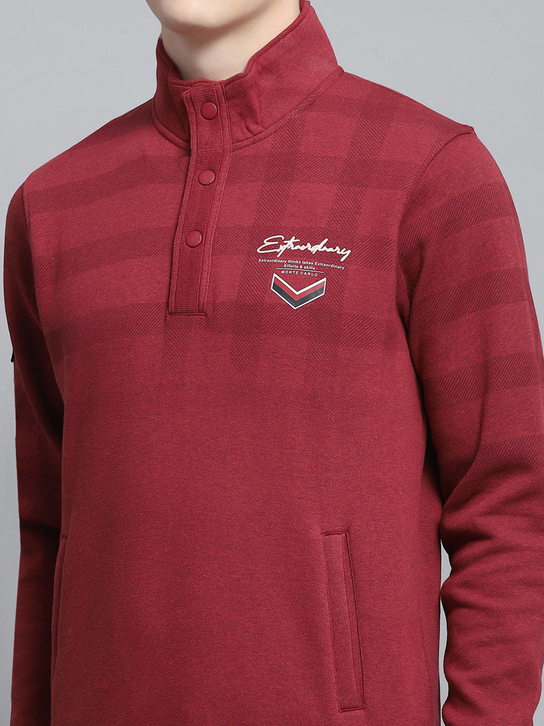 Men Maroon Printed Mock Neck Full Sleeve Sweatshirt