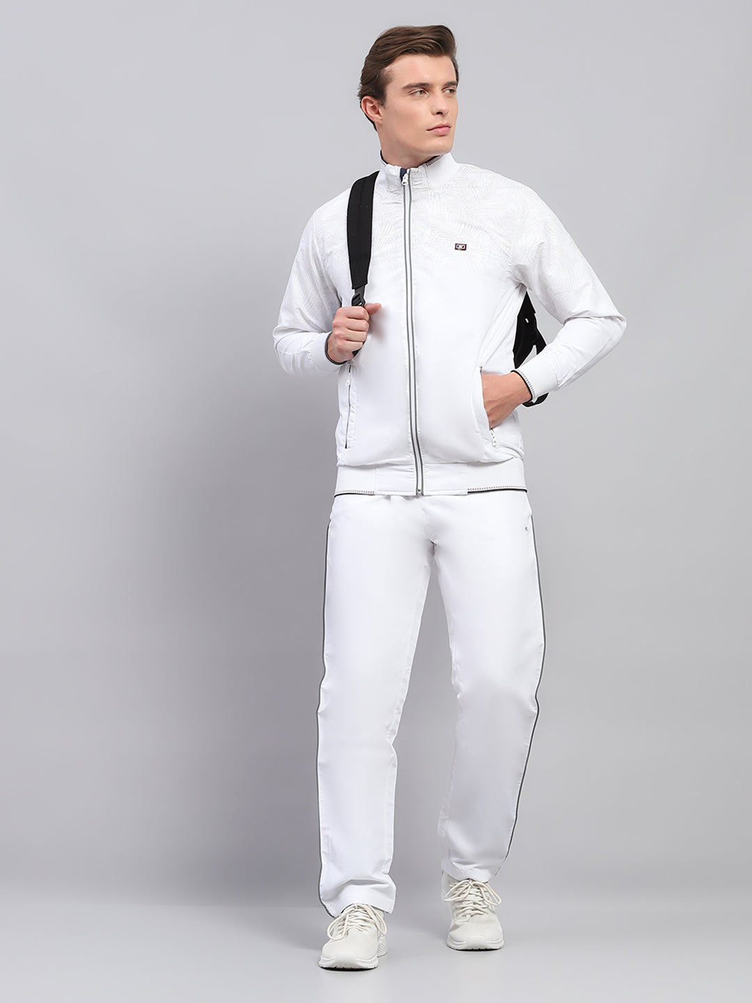 Men White Solid Mock Neck Full Sleeve Winter Tracksuit