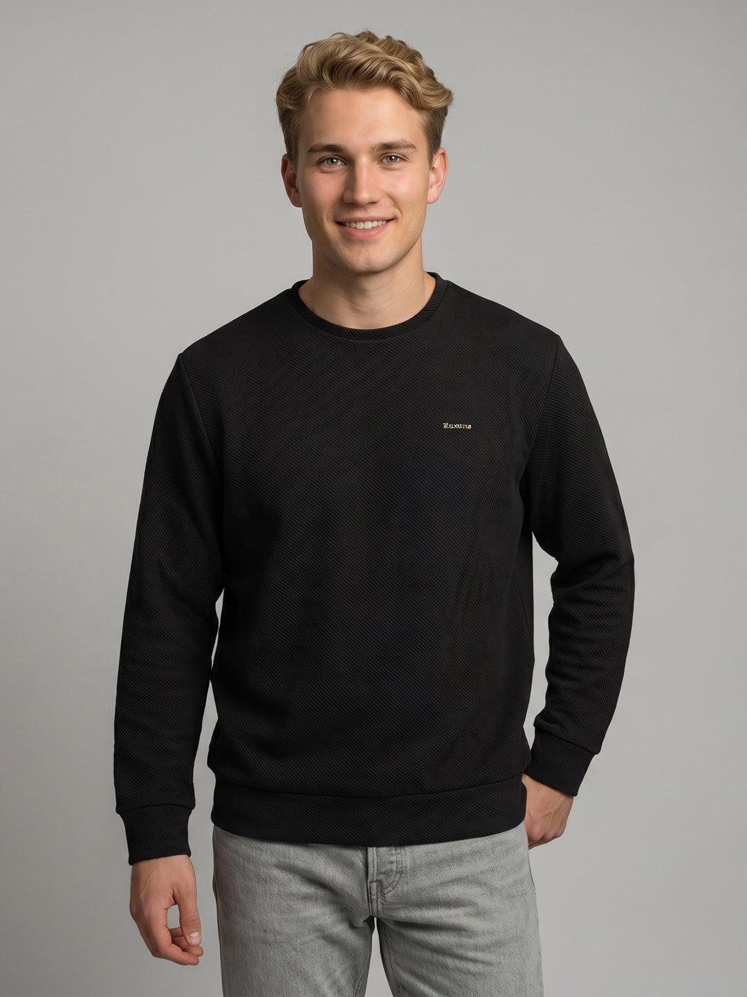 Luxuria Men Black Corduroy Round Neck Full Sleeve Sweatshirt