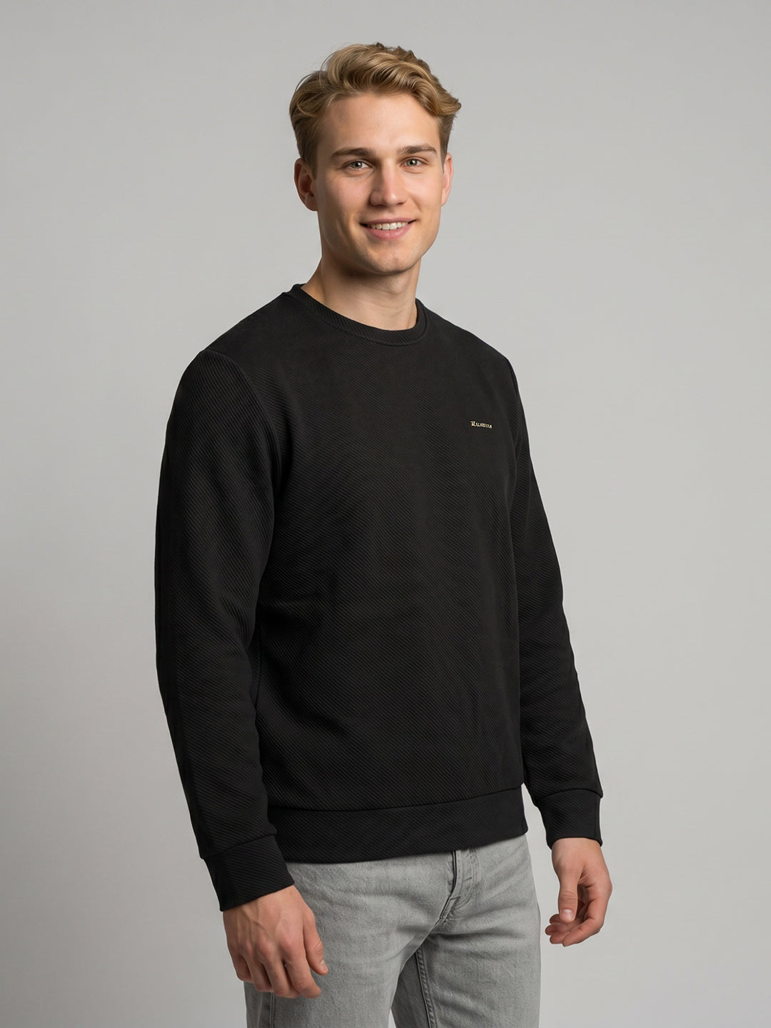 Luxuria Men Black Corduroy Round Neck Full Sleeve Sweatshirt