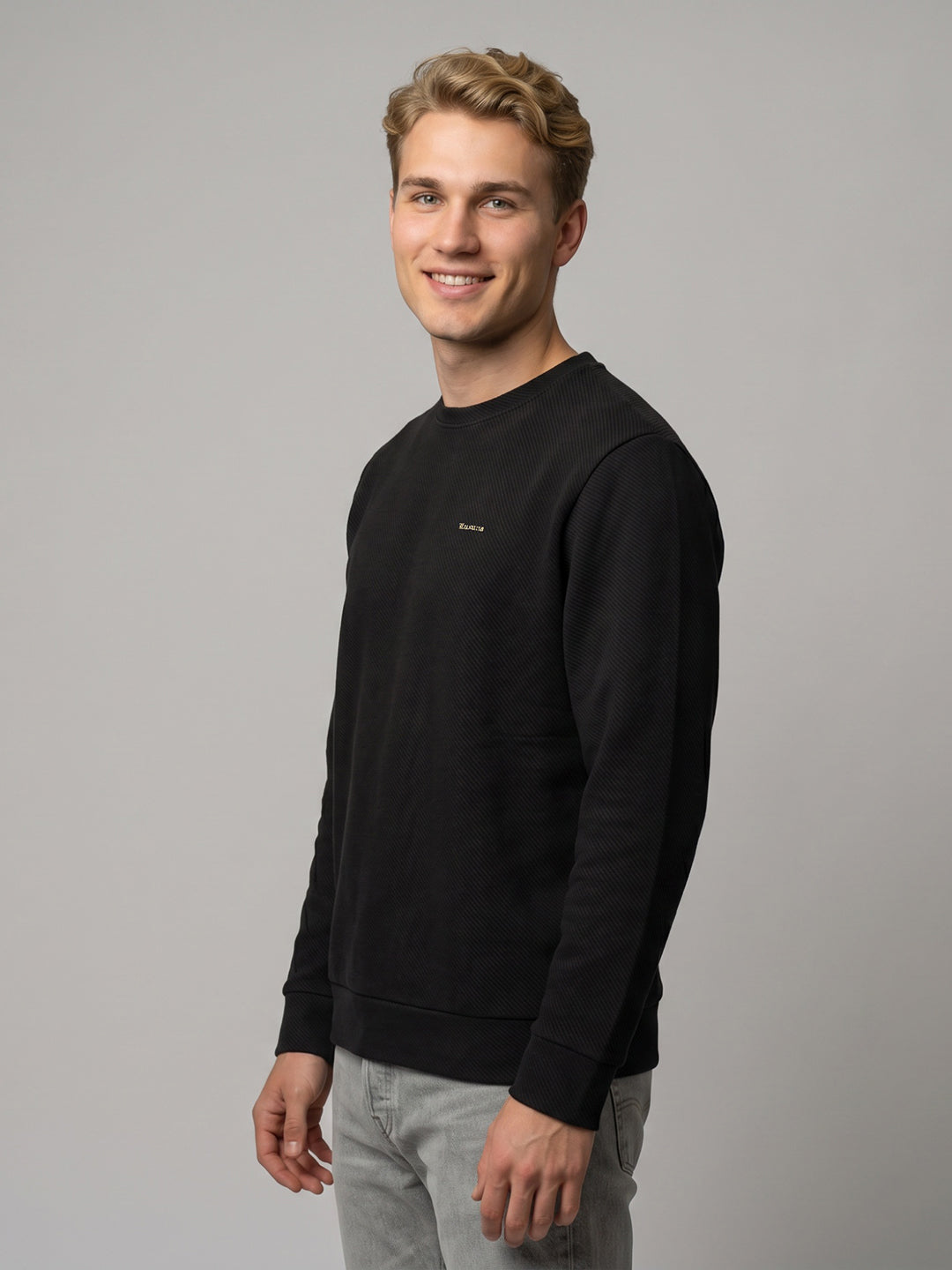 Luxuria Men Black Corduroy Round Neck Full Sleeve Sweatshirt