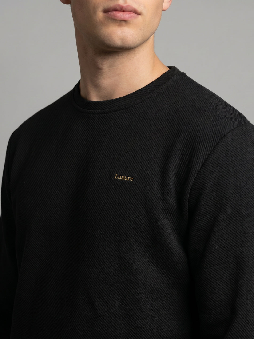 Luxuria Men Black Corduroy Round Neck Full Sleeve Sweatshirt