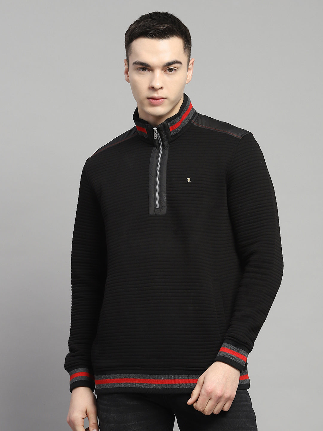 Men Black Solid Mock Neck Full Sleeve Sweatshirt