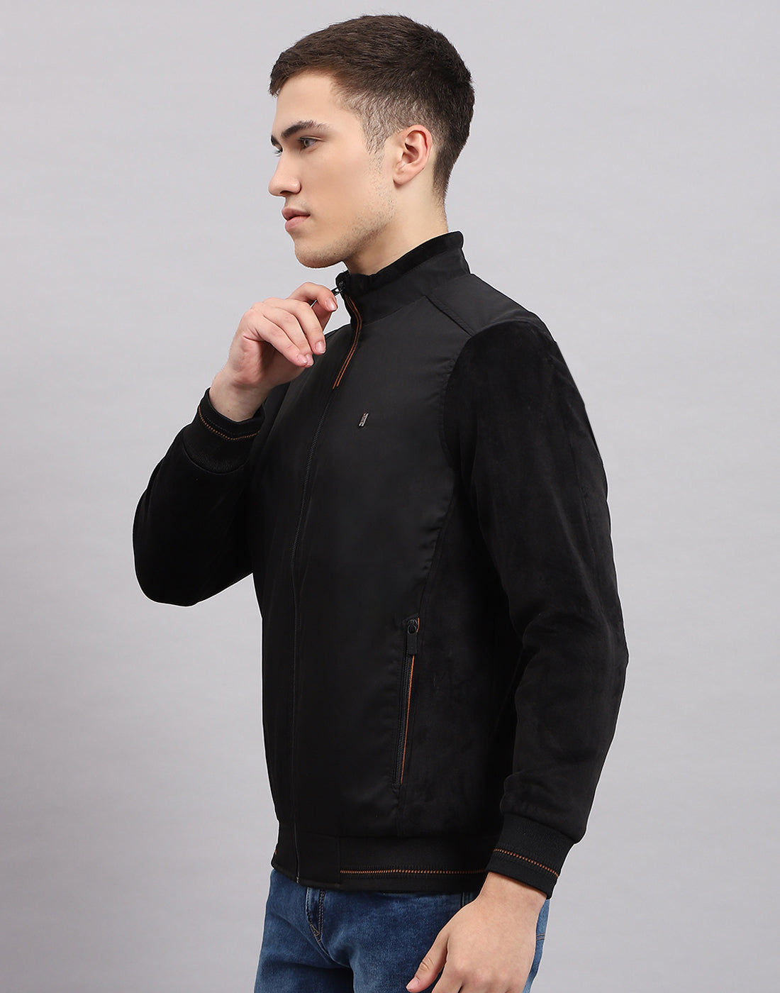Men Black Solid Mock Neck Full Sleeve Jacket