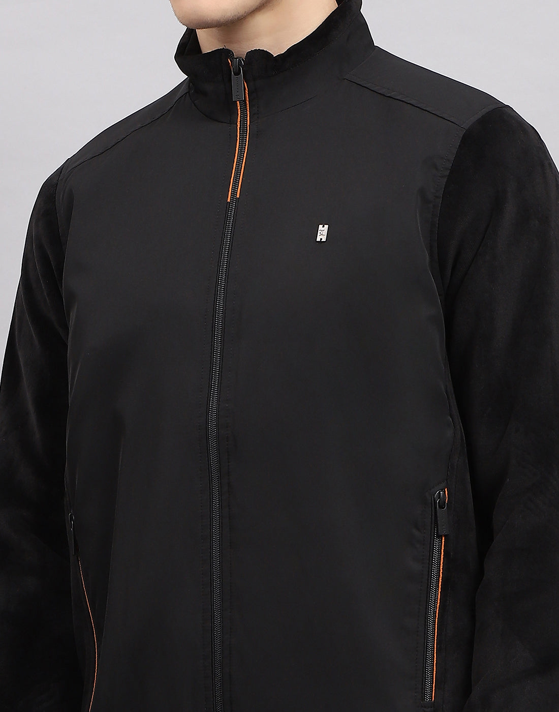 Men Black Solid Mock Neck Full Sleeve Jacket