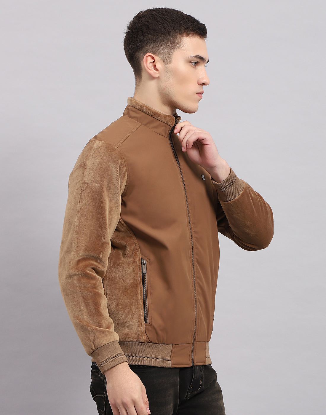 Men Khaki Solid Mock Neck Full Sleeve Jacket