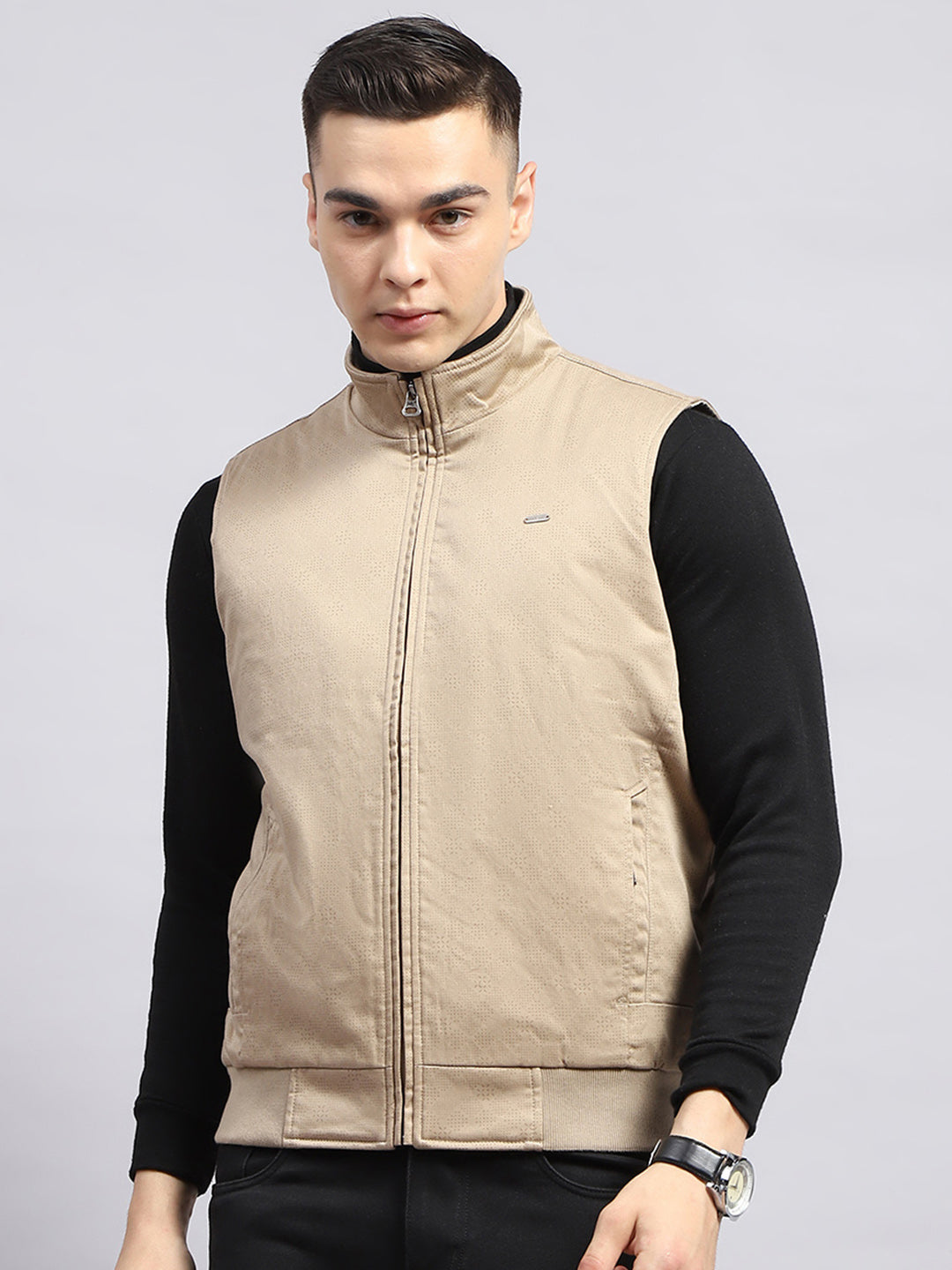 Men Beige Printed Mock Neck Sleeveless Jacket - Main Image