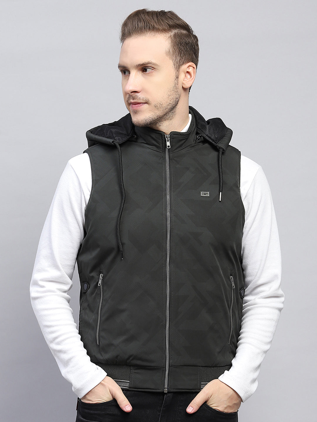 Men Dark Green Printed Hooded Sleeveless Jacket