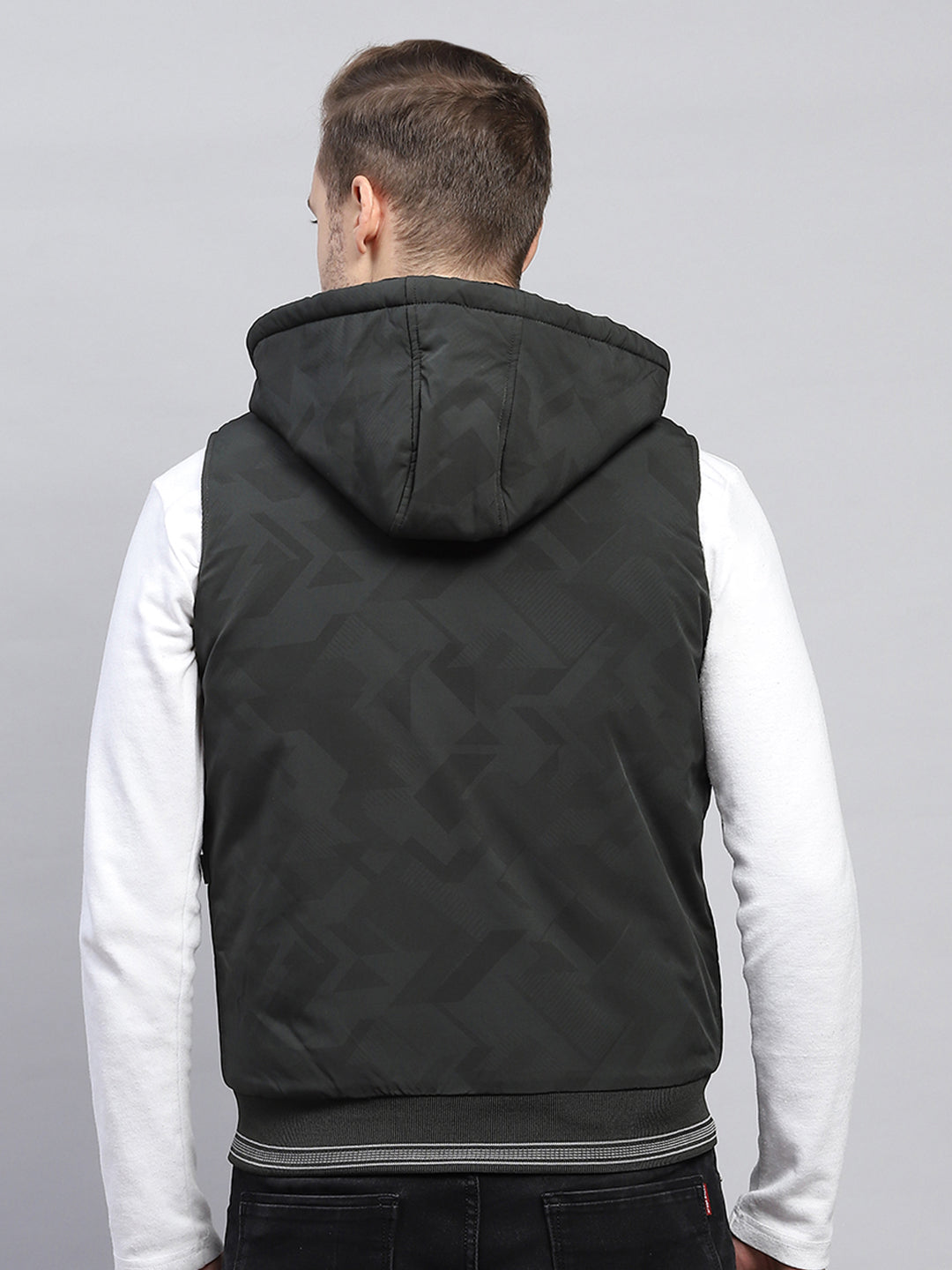 Men Dark Green Printed Hooded Sleeveless Jacket