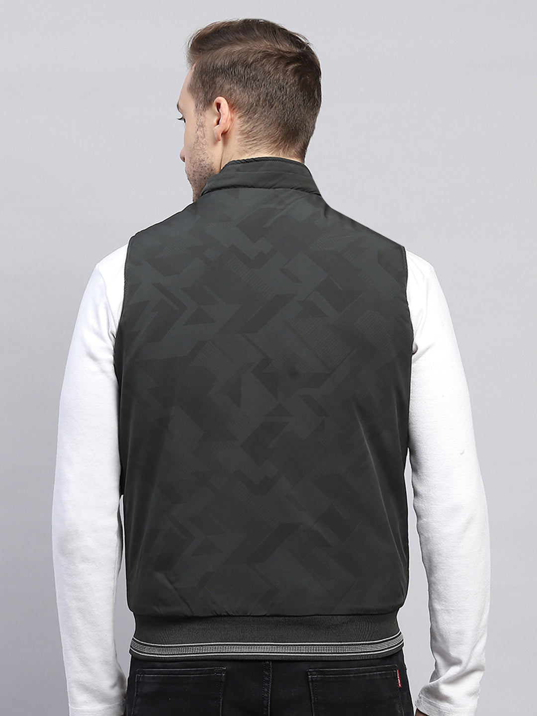 Men Dark Green Printed Hooded Sleeveless Jacket